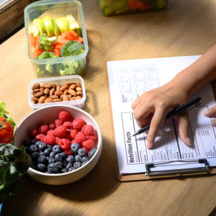 Nutritionist analyzing and writing a healthy meal plan with fresh fruits, vegetables, and nuts on the table.