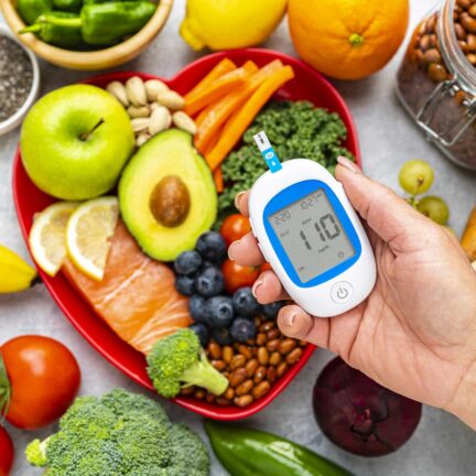 Hand holding glucometer on healthy food background. High resolution 42Mp studio digital capture taken with SONY A7rII and Zeiss Batis 40mm F2.0 CF lens