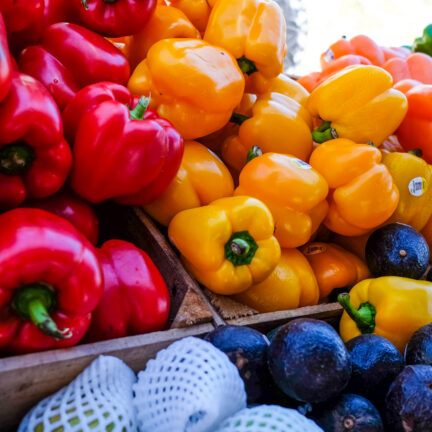 Colorful bell peppers and avocados at market